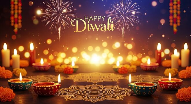 A festive Diwali celebration with candles, flowers, and fireworks.