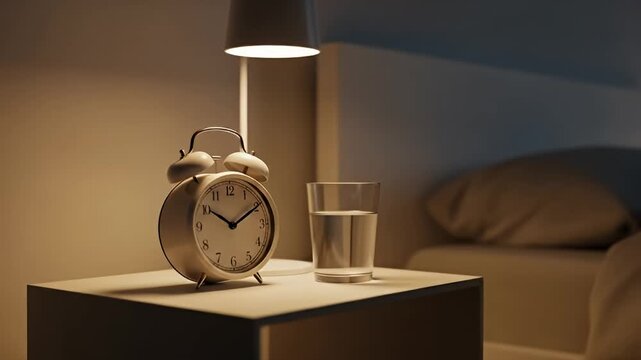 Alarm clock and glass of water on a nightstand in a bedroom.
