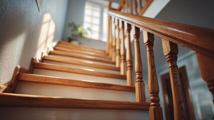 A warm, inviting staircase with wooden railings, leading to a sunlit space, creating a cozy and homely atmosphere.