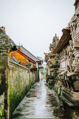Narrow, wet Balinese alleyway with traditional stone architecture