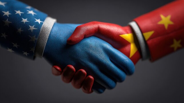 Individual shaking hands with chinese flag illustrating cooperation and risk spectrum in usa china trade relations - Powered by Adobe