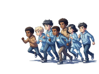 Fototapeta premium Diverse Group of Children Running Together in Cartoon Style.