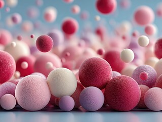Soft Airy Multi-Tone Sphere Composition 3D Render: Pink Matte Spheres on Light Blue Gradient Background, 8K