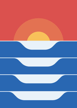 Poster design with geometric waves at sunset