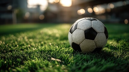 A close-up of a soccer ball resting on lush green grass, illuminated by sunlight, creating a vibrant and dynamic scene.