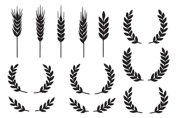 Wheat and grain stalk silhouettes, laurel wreath vector, harvest symbols, black icons, agricultural design, prosperity emblem set