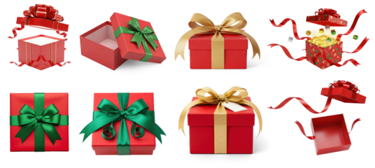 Collection of gift box with a gold ribbon and bow, open and revealing an empty interior.