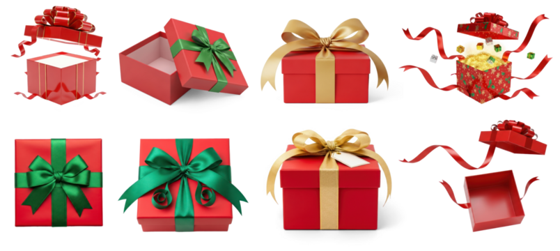 Collection of gift box with a gold ribbon and bow, open and revealing an empty interior.