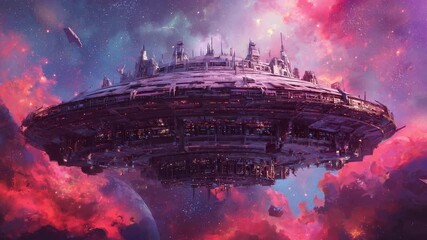 Massive futuristic sci-fi space station mother ship hovering in a colorful pink and purple nebula galaxy - Powered by Adobe