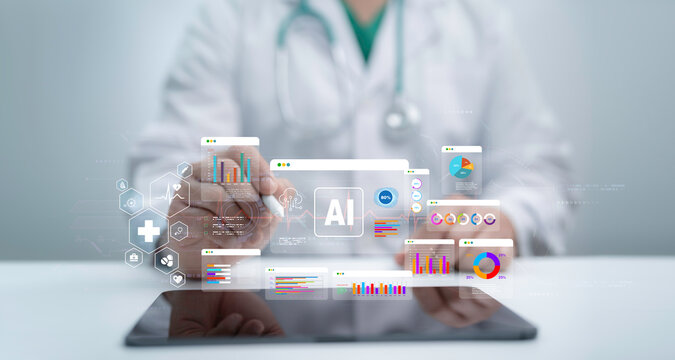 Doctor interacting with AI-powered medical data dashboards on a tablet representing advanced analytics digital health insights and modern healthcare technology for smarter clinical decisions
