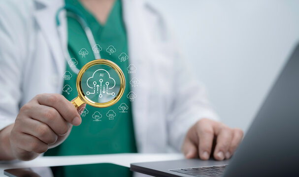 Doctor examining a digital AI cloud icon through a magnifying glass representing artificial intelligence analysis data connectivity and modern medical technology innovation in healthcare