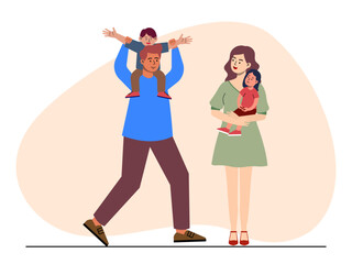 Happy family with two children, father is carrying his son on his shoulders and mother is holding her younger daughter. Big family vector illustration. Flat illustration.