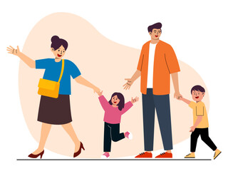 Obraz premium The parents are holding their children's hands as they walk. Big family vector illustration. Flat illustration.