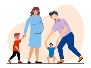 The pregnant mother holds her son's hand, while the father is training their toddler to walk. Big family vector illustration. Flat illustration.