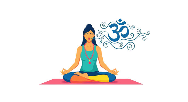 Woman meditating in lotus position on pink yoga mat with om symbol
