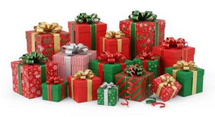 A pile of colorful gift boxes with ribbons and bows on a white background.