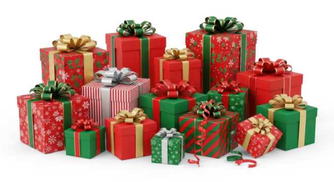 A pile of colorful gift boxes with ribbons and bows on a white background.