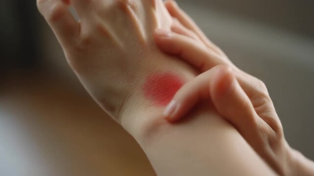 close up of a hand scratching itchy own hand skin and leaving visible red marks