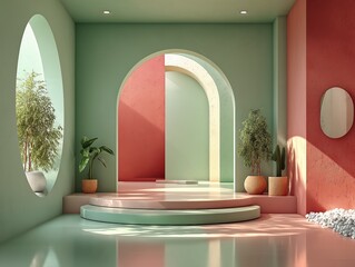 Modern Minimalist Two-Tone 3D Scene with Mint Green and Soft Pink Split Background, Central Arch and Layered Display Platform