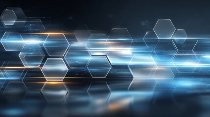 Futuristic minimal banner with sharp geometric shapes, glowing neon blue and silver accents, abstract tech background with holographic elements and dynamic light streaks.