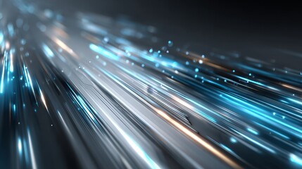 Futuristic minimal banner with sharp geometric shapes, glowing neon blue and silver accents, abstract tech background with holographic elements and dynamic light streaks.