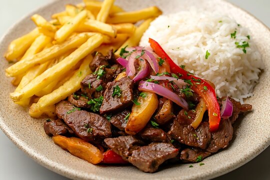Lomo saltado traditional peruvian stirfry with beef, french fries, white rice and vegetables