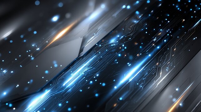 Futuristic minimal banner with sharp geometric shapes, glowing neon blue and silver accents, abstract tech background with holographic elements and dynamic light streaks.