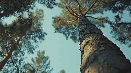 Looking up at tall pine trees against a clear, blue sky in nature