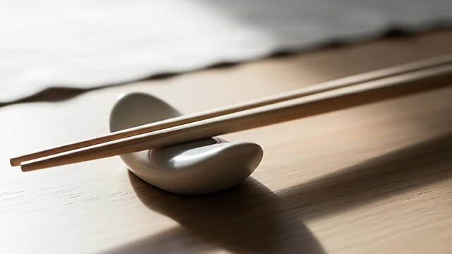A persons finger gently touches a pair of chopsticks resting on a ceramic holder.