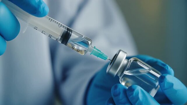closeup of hand with blue gloves drawing liquid from a medical vial with syringe