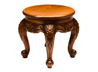 Ornate carved wooden stool isolated on transparent background