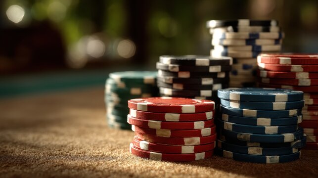 A close-up of colorful poker chips stacked on a felt surface, creating a vibrant scene typical of a casino environment.