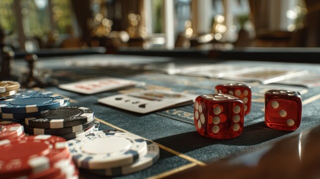 A close-up view of a casino table featuring poker chips, playing cards, and dice, capturing the excitement of gambling.