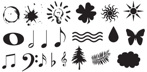 Collection of various black silhouettes stars notes plants and abstract designs