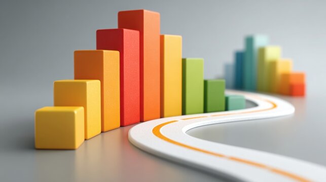Scenic road with colorful graph overlaying it to illustrate economic trends and market analysis in a creative way
