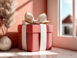 Minimalist Warm Gift 3D Scene: Red Box with White Satin Ribbon and Bow on Coral Pink Floor, 8K Render