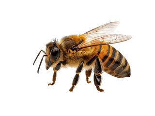 Closeup macro shot of a single honey bee insect with detailed body structure isolated on transparent background