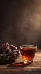 Glass of tea and dates on wooden table, ramadan iftar food concept, warm oriental atmosphere, vertical 9:16 social media background
