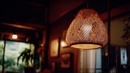 Close-up of Rattan Pendant Light in Moody, Rustic Cafe or Cozy Home Interior.
