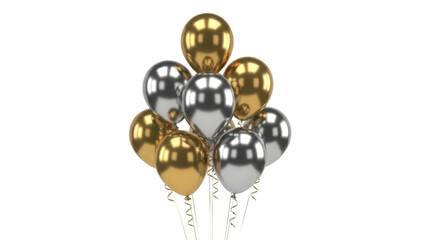 Golden and silver balloons with curling ribbons on a transparent background PNG image PNG file