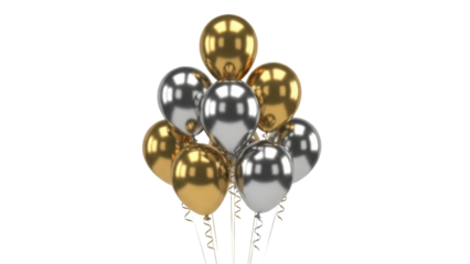 Golden and silver balloons with curling ribbons on a transparent background PNG image PNG file