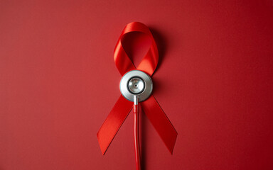 Red ribbon with stethoscope on red background symbolizing aids awareness and healthcare support