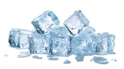 Pile of melting ice cubes transparent cubes with water droplets isolated on white background for ref