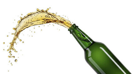 Dynamic golden liquid splash from green bottle, transparent background PNG image