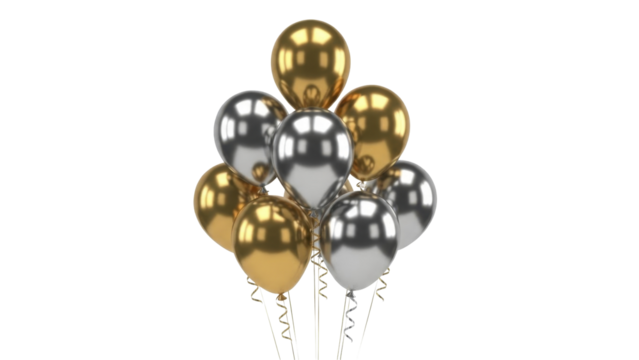 Golden and silver balloons with curling ribbons on a transparent background PNG image PNG file