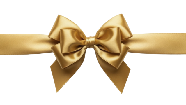 Golden satin Christmas gift bow with ribbon on transparent background PNG image