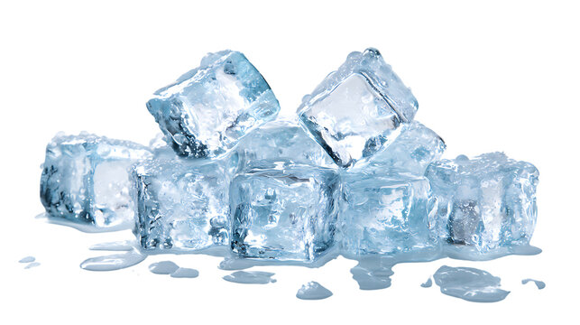 Pile of melting ice cubes transparent cubes with water droplets isolated on white background for ref