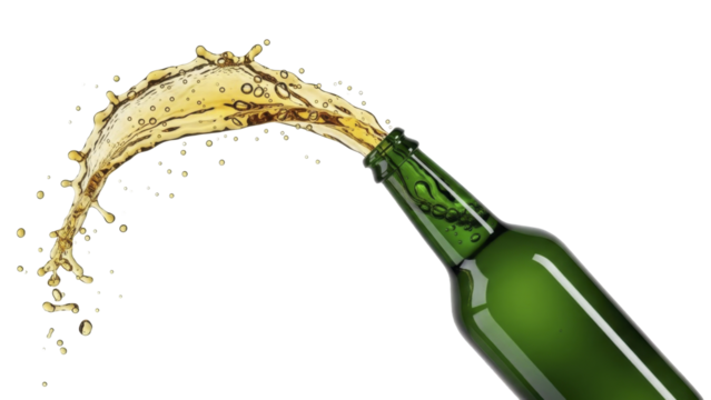 Dynamic golden liquid splash from green bottle, transparent background PNG image