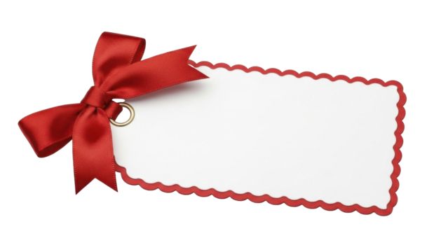  Red satin bow on blank white scalloped gift tag with gold eyelet, on a transparent background, PNG image - Powered by Adobe