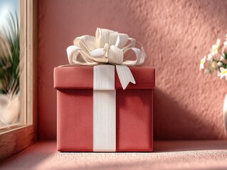 Minimalist Warm Gift 3D Scene: Red Gift Box with White Satin Ribbon on Coral Pink Background, 8K Render